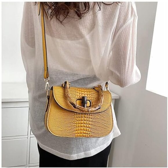 Neiman Marcus Bamboo Handle Black Crocodile Print Top Handle Bag - Picture 5 of 5